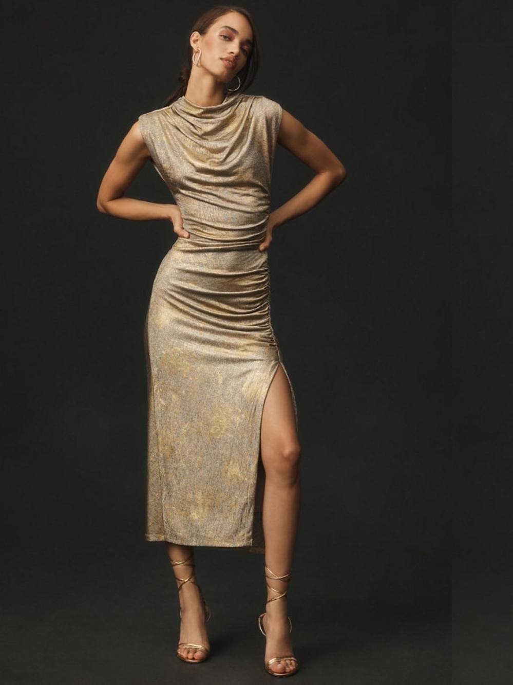 NWOT Anthrolopologie The Maya Ruched Cowl-Neck Dress: Shine Edition